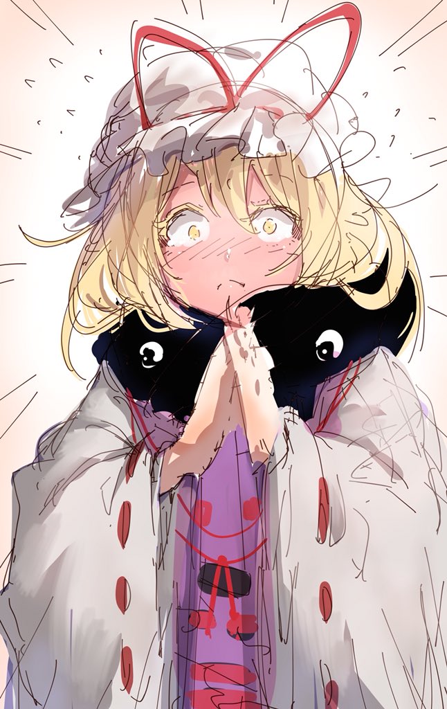 blonde_hair blush commentary_request darjeeling_(reley) flying_sweatdrops frown full-face_blush hands_together hat long_hair mob_cap solo touhou yakumo_yukari yellow_eyes
