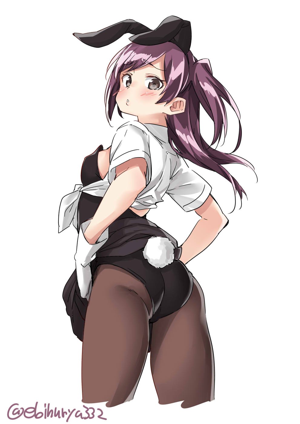 ahoge animal_ears ass black_eyes black_leotard black_skirt blouse bunny_ears bunny_tail bunnysuit cowboy_shot dress_shirt ebifurya from_behind gloves hagikaze_(kantai_collection) highres kantai_collection leotard leotard_under_clothes long_hair looking_at_viewer looking_back one_side_up pantyhose parted_lips purple_hair shirt simple_background skirt skirt_lift solo standing strapless strapless_leotard tail tied_shirt twitter_username white_background white_blouse white_gloves