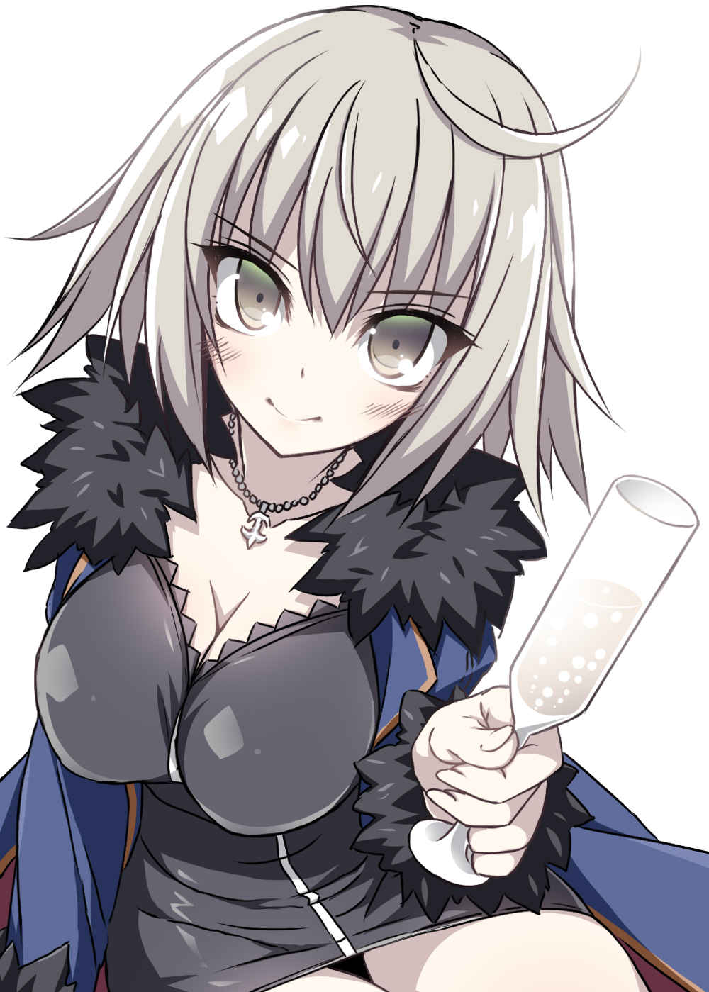 ahoge alcohol black_dress black_footwear black_jacket blue_jacket blush breasts champagne champagne_flute cleavage coat collarbone commentary_request cup dress drinking_glass fate/grand_order fate_(series) full-length_zipper fur-trimmed_coat fur-trimmed_jacket fur-trimmed_sleeves fur_collar fur_trim highres jacket jeanne_d'arc_(alter)_(fate) jeanne_d'arc_(fate)_(all) jewelry large_breasts necklace open_clothes open_coat open_jacket short_dress simple_background smile solo suzuri_(tennenseki) white_background wicked_dragon_witch_ver._shinjuku_1999 wine_glass yellow_eyes zipper