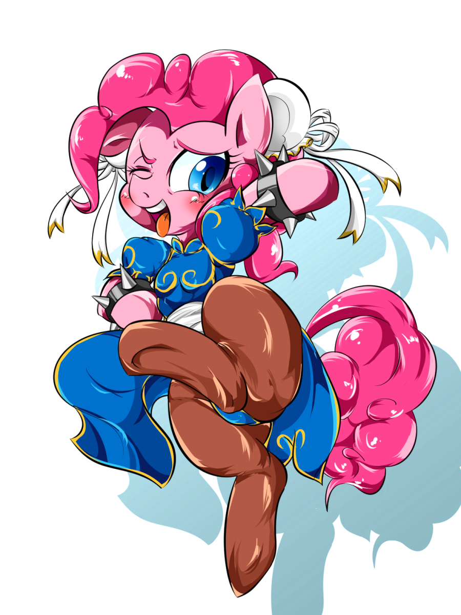 2018 anthro blush capcom chinese_clothing chinese_dress clothing cosplay digital_media_(artwork) dress equine female friendship_is_magic fur horse jumping looking_at_viewer mammal my_little_pony open_mouth pink_fur pink_mane pink_tail pinkie_pie_(mlp) pony pose raised_leg simple_background solo spiked_armbands street_fighter tongue tongue_out video_games white_background うめじる