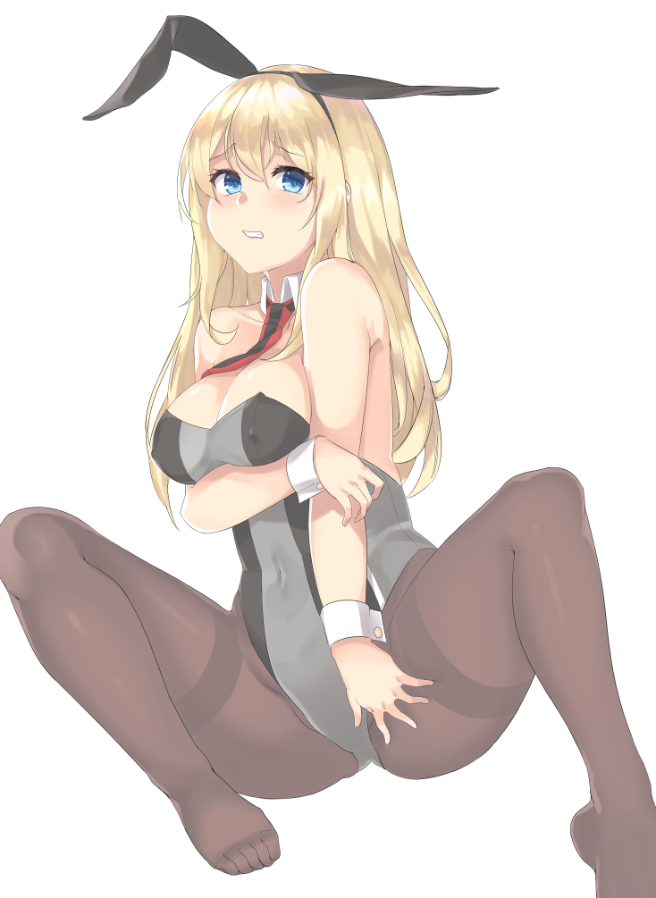 adapted_costume animal_ears bare_shoulders bismarck_(kantai_collection) black_legwear blonde_hair blue_eyes breasts bunny_ears bunnysuit covered_nipples detached_collar fake_animal_ears grey_leotard kantai_collection leotard lips long_hair medium_breasts pantyhose solo strapless strapless_leotard thighband_pantyhose tiasis wrist_cuffs