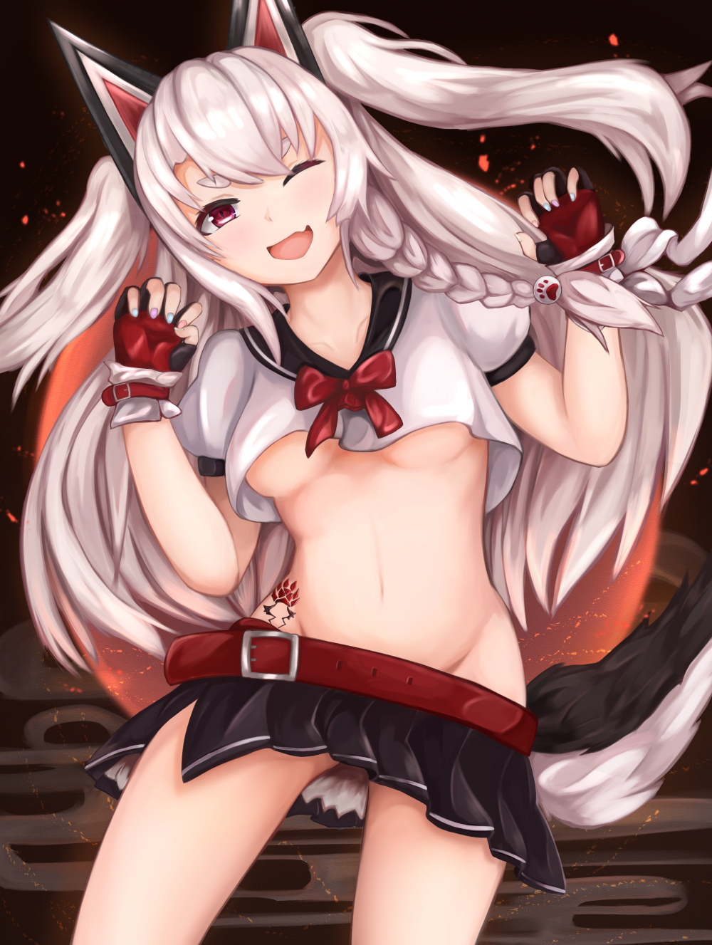 ;d animal_ears azur_lane bangs belt belt_buckle black_sailor_collar black_skirt blush braid breasts buckle claw_pose contrapposto cowboy_shot crop_top crop_top_overhang fake_animal_ears fang fingerless_gloves gloves groin hair_ornament highres leaning_to_the_side legs_apart long_hair miniskirt multicolored multicolored_nails nail_polish neck_ribbon one_eye_closed open_mouth pleated_skirt puffy_short_sleeves puffy_sleeves purple_eyes red_gloves red_neckwear red_ribbon ribbon ryara_vivi sailor_collar shirt short_sleeves side_braid side_slit silver_hair skirt small_breasts smile smoke solo standing sun tail tattoo thick_eyebrows thighs two_side_up underboob v-shaped_eyebrows very_long_hair w_arms white_shirt wolf_ears wolf_tail yuudachi_(azur_lane)