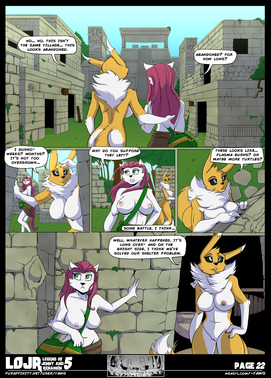 anthro bag black_sclera blue_eyes breasts bucky_o'hare_(series) building butt canine clothing comic dialogue digimon duo feline female fur green_eyes hair hand_on_hip jenny_(bucky_o'hare) mammal nipples nude outside pink_hair pussy renamon skirt white_fur yawg yellow_fur