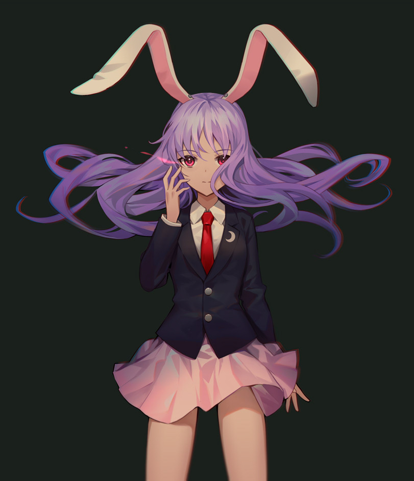 animal_ears blazer bunny_ears chromatic_aberration closed_mouth collared_shirt crescent expressionless floating_hair glowing glowing_eye hand_up jacket lazuri7 long_hair long_sleeves looking_at_viewer miniskirt necktie pink_eyes pink_skirt purple_hair red_neckwear reisen_udongein_inaba shirt skirt solo standing touhou wing_collar
