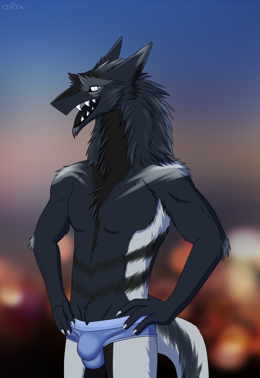 2018 4_fingers anthro black_fur black_tongue blue_fur blurred_background bulge cinta clothed clothing fluffy fur hand_on_hip looking_at_viewer male markings multicolored_fur neck_tuft sergal sharp_teeth slim slit_pupils standing teeth tongue topless tuft underwear white_eyes white_fur