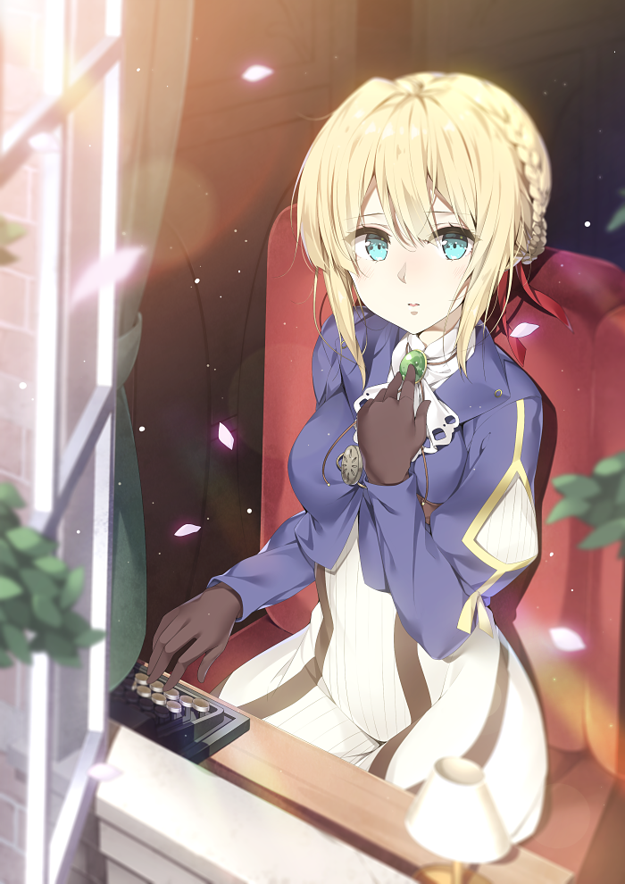 bangs black_gloves blonde_hair blue_eyes blue_jacket braid breasts brooch commentary day dress eyebrows_visible_through_hair gloves hair_between_eyes hair_bun hand_on_own_chest hatsuki_kaname jacket jewelry juliet_sleeves long_sleeves looking_at_viewer medium_breasts open_window outdoors parted_lips petals puffy_sleeves solo typewriter violet_evergarden violet_evergarden_(character) white_dress window