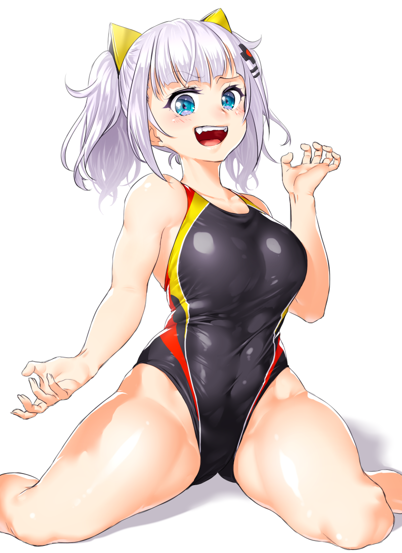 bangs blue_eyes blunt_bangs blush breasts claw_pose commentary_request competition_swimsuit covered_navel eyebrows_visible_through_hair hair_ornament hairclip kaguya_luna kaguya_luna_(character) large_breasts long_hair looking_at_viewer one-piece_swimsuit onsoku_maru open_mouth silver_hair simple_background sitting smile solo swimsuit twintails virtual_youtuber wariza white_background x_hair_ornament