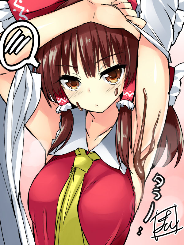 armpits arms_up ascot bangs blush bow breasts brown_eyes brown_hair chocolate chocolate_on_face closed_mouth collarbone commentary_request detached_sleeves eyebrows_visible_through_hair food food_on_face hair_bow hair_tubes hakurei_reimu large_breasts looking_at_viewer pink_background red_bow sidelocks signature solo speech_bubble spoken_blush tirotata touhou upper_body wide_sleeves