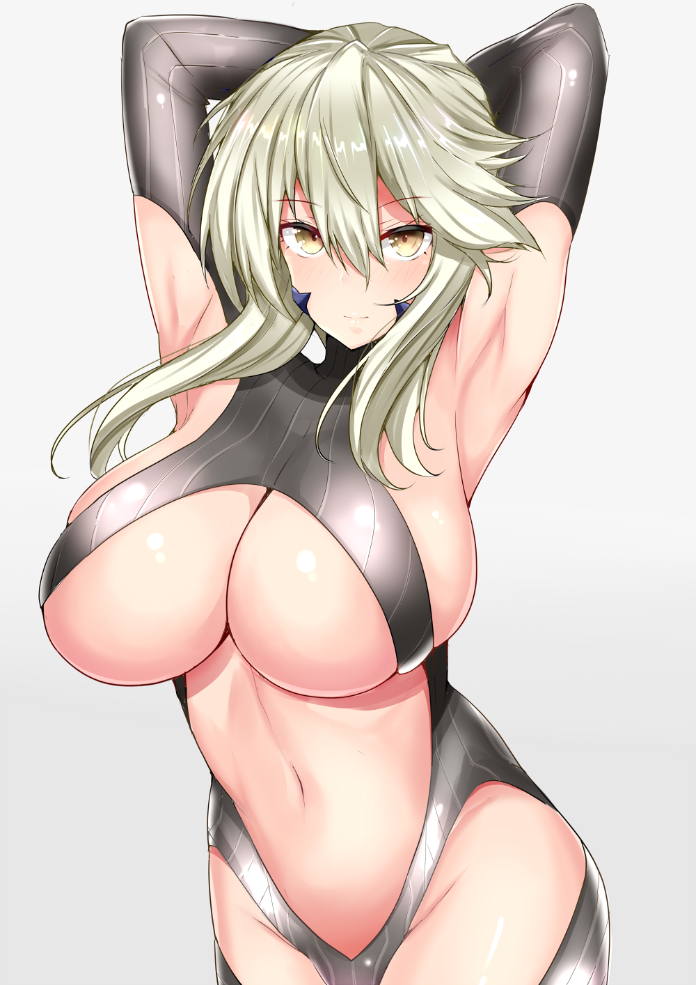 armpits arms_up artoria_pendragon_(all) artoria_pendragon_(lancer_alter) black_leotard blonde_hair breasts center_opening cleavage closed_mouth fate/grand_order fate_(series) grey_background hair_between_eyes highleg highleg_leotard highres hips huge_breasts leotard light_smile looking_at_viewer navel ribbed_leotard sankakusui shiny shiny_skin sidelocks simple_background solo standing turtleneck underboob yellow_eyes
