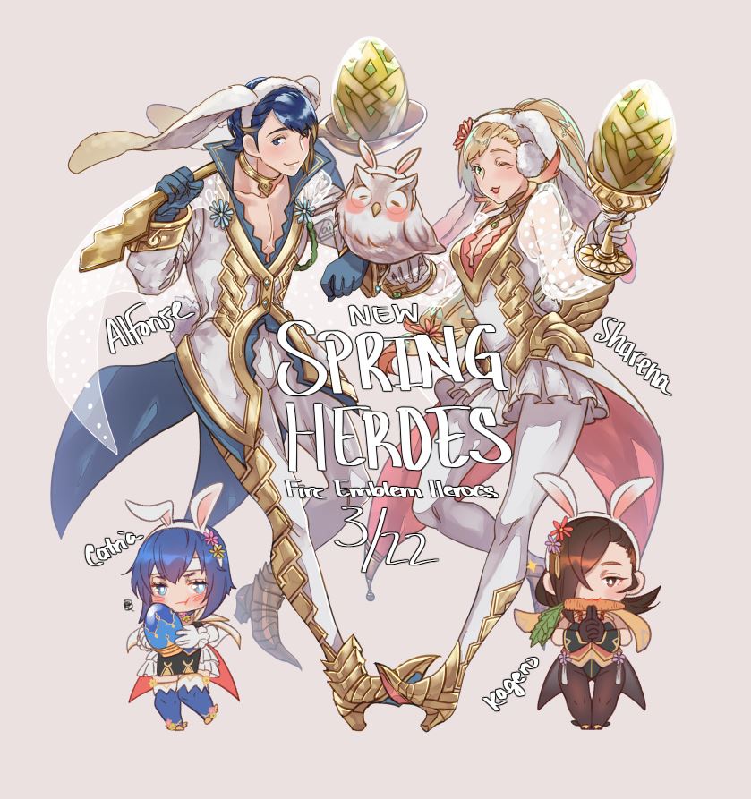 ;) alfonse_(fire_emblem) animal_ears bird blonde_hair blue_eyes blue_hair blush breasts brown_hair bunny_ears bunny_girl bunny_tail bunnysuit chibi cleavage detached_collar english fake_animal_ears feh_(fire_emblem_heroes) fire_emblem fire_emblem:_monshou_no_nazo fire_emblem_heroes fire_emblem_if gloves hair_over_one_eye headband kagerou_(fire_emblem_if) katua krazehkai large_breasts leotard long_hair looking_at_viewer multicolored_hair ninja one_eye_closed open_mouth owl pectorals pegasus_knight ponytail sharena short_hair simple_background smile strapless strapless_leotard tail weapon