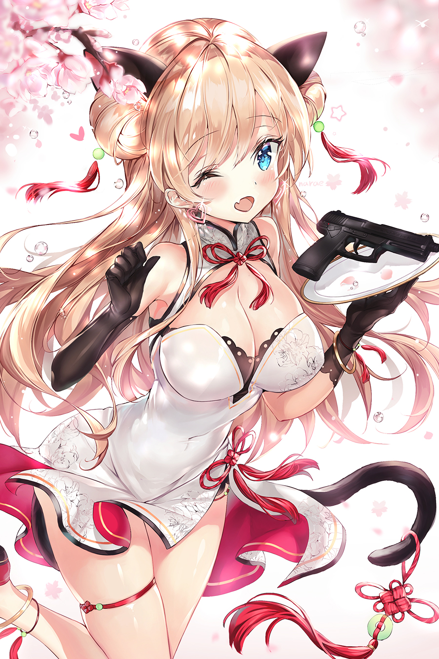 ;d animal_ears bangs black_gloves blonde_hair blue_eyes blush breasts cat_ears cat_girl cat_tail cherry_blossoms covered_navel double_bun dress elbow_gloves eyebrows_visible_through_hair girls_frontline gloves gun hair_between_eyes highres hips large_breasts leg_up long_hair looking_at_viewer mk_23_(girls_frontline) narae one_eye_closed open_mouth smile tail water_drop weapon white_dress