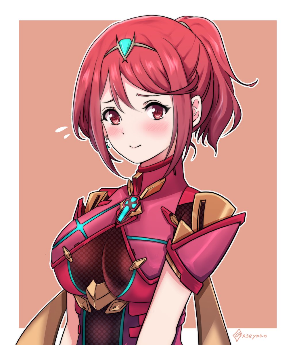 alternate_hairstyle blush breasts earrings fingerless_gloves gloves highres homura_(xenoblade_2) jewelry large_breasts mochimochi_(xseynao) ponytail red_hair red_shorts short_hair shorts sidelocks smile solo tiara xenoblade_(series) xenoblade_2