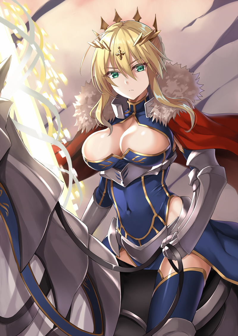 armor artoria_pendragon_(all) artoria_pendragon_(lancer) bangs blue_legwear braid breasts cape cleavage cleavage_cutout commentary_request covered_navel crown dun_stallion fate/grand_order fate_(series) french_braid fur_trim gauntlets green_eyes hair_between_eyes harimoji lance large_breasts looking_at_viewer polearm red_cape rhongomyniad sidelocks solo weapon
