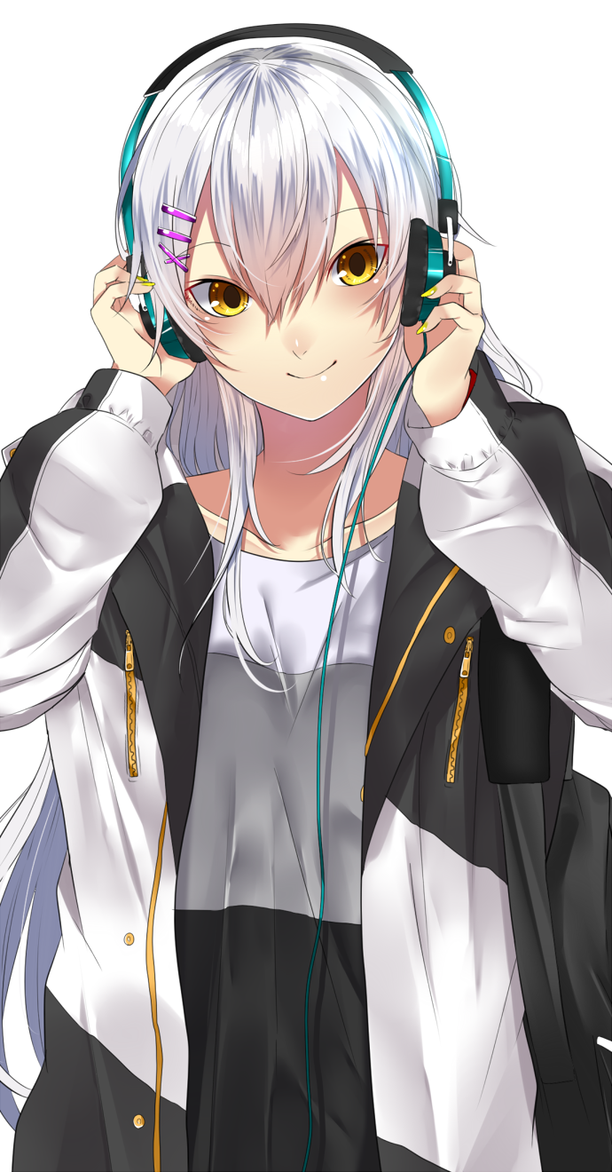 bangs blush closed_mouth collarbone eyebrows_visible_through_hair hair_between_eyes headphones highres jacket long_sleeves looking_at_viewer onineko-chan open_clothes open_jacket open_mouth original silver_hair simple_background solo white_background yellow_eyes
