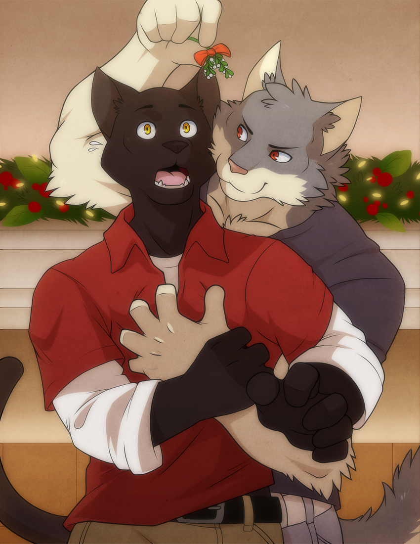 2015 5_fingers aluminemsiren anthro belt black_eyebrows black_fur black_tail cat cheek_tuft christmas christmas_decorations clothed clothing detailed_background digital_media_(artwork) duo eyebrows feline flying_sweatdrops front_view fur grey_fur grey_tail head_tuft holidays hug jace_(relar) male male/male mammal marcus_(relar) mistletoe multicolored_fur open_mouth pants pink_nose pink_tongue plant red_clothing red_eyes red_shirt red_topwear romantic_couple shirt smile standing surprise sweat sweatdrop teeth tongue tuft two_tone_fur white_fur
