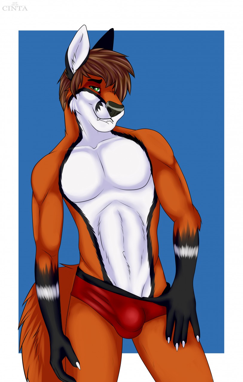 2018 5_fingers anthro biting_lip black_fur black_nose brown_hair bulge canine cinta clothed clothing egsaku_(character) eyebrows fox fur gloves_(marking) green_eyes hair hi_res inviting looking_at_viewer male mammal markings multicolored_fur orange_fur simple_background solo standing teasing teeth topless two_tone_fur underwear white_fur