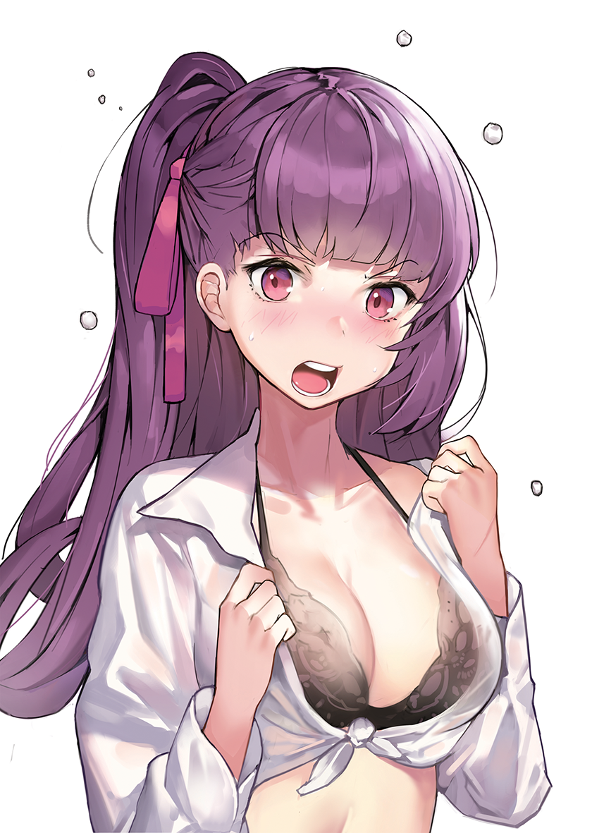 bangs black_bra blunt_bangs blush bra breasts cleavage collarbone collared_shirt embarrassed eto_(nistavilo2) eyebrows_visible_through_hair girls_frontline hair_ribbon large_breasts long_hair long_sleeves looking_at_viewer nose_blush open_clothes open_shirt pink_eyes pink_ribbon ponytail purple_hair revision ribbon shirt simple_background solo teeth underwear upper_body upper_teeth v-shaped_eyebrows wa2000_(girls_frontline) white_background white_shirt