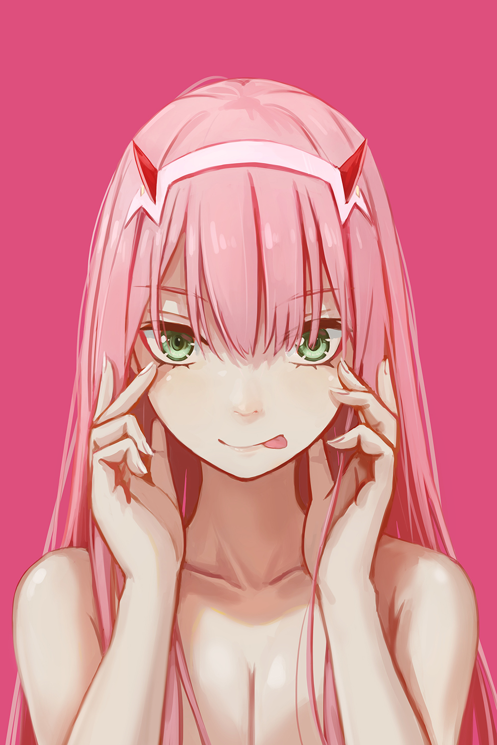 :p bangs blush breasts cleavage closed_mouth darling_in_the_franxx eyebrows_visible_through_hair green_eyes hairband hands_up highres horns lips long_hair medium_breasts nude pink_background pink_hair redpoke shiny shiny_hair simple_background smile solo straight_hair tongue tongue_out tsurime white_hairband zero_two_(darling_in_the_franxx)