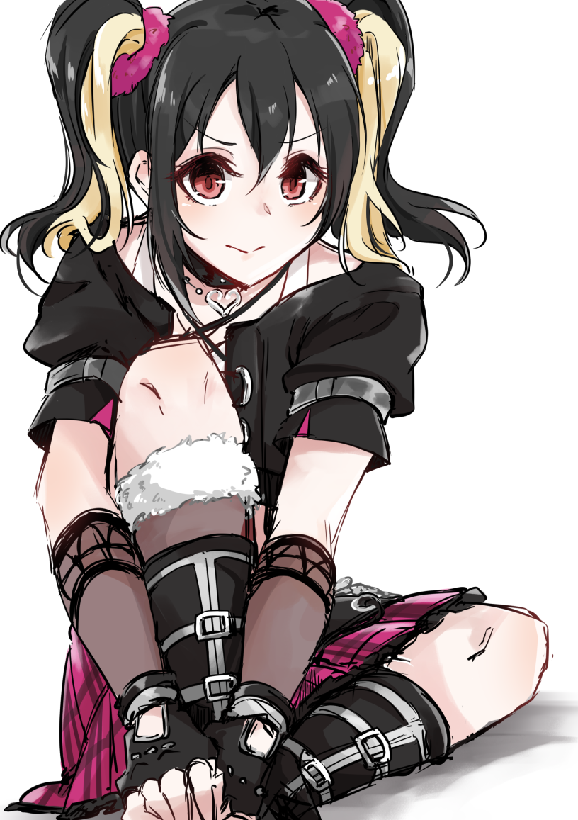 alternate_hair_color arm_belt belt_boots black_choker black_footwear black_gloves black_hair black_legwear blonde_hair boots choker elbow_gloves fingerless_gloves fur-trimmed_legwear fur_trim gloves heart heart_necklace knee_up love_live! love_live!_school_idol_project mismatched_legwear pink_scrunchie red_eyes rurika_seijin scrunchie short_sleeves simple_background sketch solo twintails v-shaped_eyebrows white_background yazawa_nico