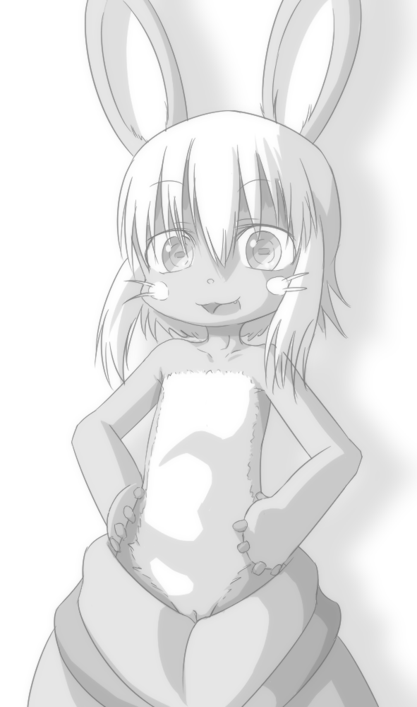 10s 1girl :3 animal_ears blush blush_stickers bunny bunny_ears fangs female flat_chest furry hands_on_hips looking_at_viewer made_in_abyss monochrome nanachi_(made_in_abyss) open_mouth pants pussy sakuramoto short_hair smile solo standing topless uncensored whiskers