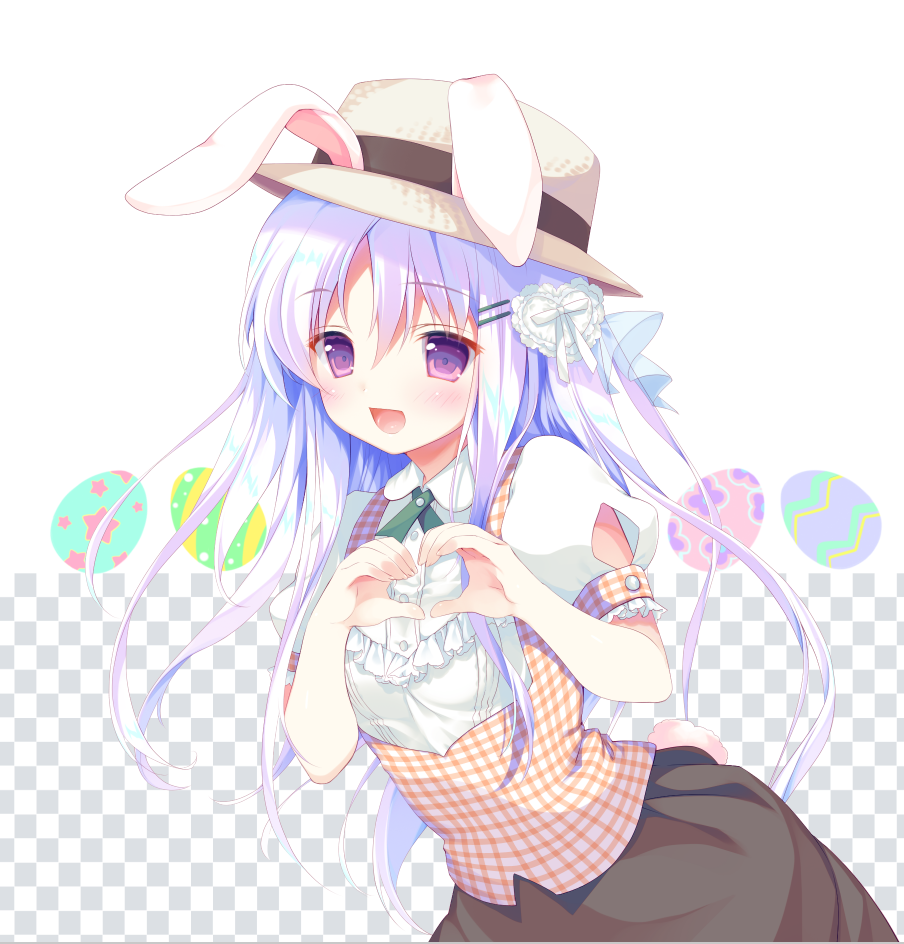 :d amanagi_seiji animal_ears bangs black_skirt blush bunny_ears bunny_girl bunny_tail checkered checkered_background collared_shirt commentary_request easter easter_egg egg eyebrows_visible_through_hair fingernails frilled_shirt_collar frills hair_between_eyes hair_ornament hairclip hat heart heart_hair_ornament heart_hands looking_at_viewer open_mouth original puffy_short_sleeves puffy_sleeves purple_eyes purple_hair shirt short_sleeves skirt smile solo tail underbust white_background white_shirt