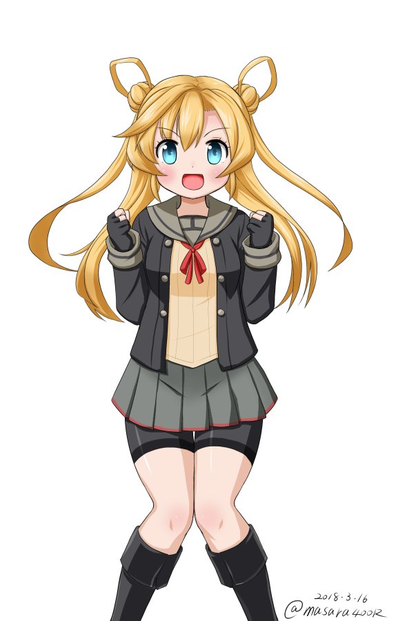 :d abukuma_(kantai_collection) bike_shorts black_gloves black_jacket blonde_hair blue_eyes commentary_request dated double_bun feet_out_of_frame gloves grey_sailor_collar grey_skirt hair_between_eyes hair_rings jacket kantai_collection knees_together long_hair looking_at_viewer masara_(masalucky2010) neck_ribbon open_mouth partly_fingerless_gloves red_ribbon remodel_(kantai_collection) ribbon sailor_collar school_uniform serafuku shorts shorts_under_skirt simple_background skirt smile solo twitter_username v-shaped_eyebrows white_background