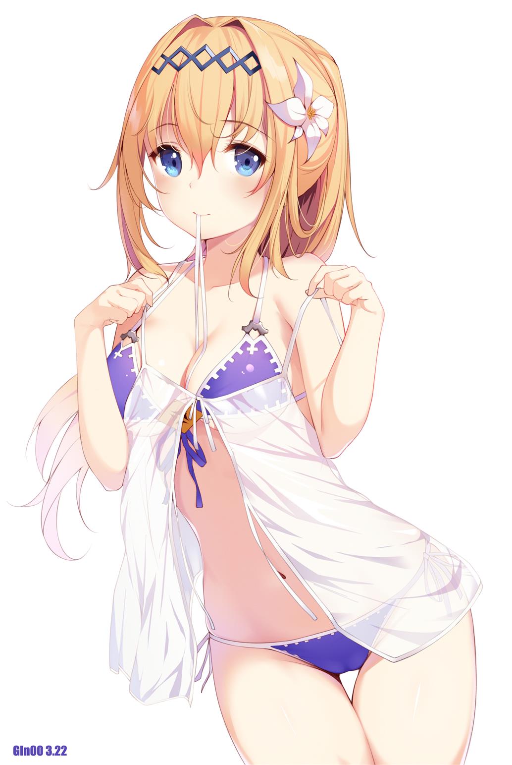 artist_name babydoll bangs bare_arms bare_shoulders bikini black_hairband blonde_hair blue_eyes blush breasts cleavage collarbone contrapposto eyebrows_visible_through_hair flower front-tie_bikini front-tie_top gin00 granblue_fantasy hair_flower hair_intakes hair_ornament hairband highres jeanne_d'arc_(granblue_fantasy) leaning_to_the_side long_hair medium_breasts mouth_hold navel ponytail purple_bikini purple_ribbon ribbon see-through side-tie_bikini simple_background solo standing stomach strap_pull swimsuit tareme thigh_gap underboob white_background white_ribbon
