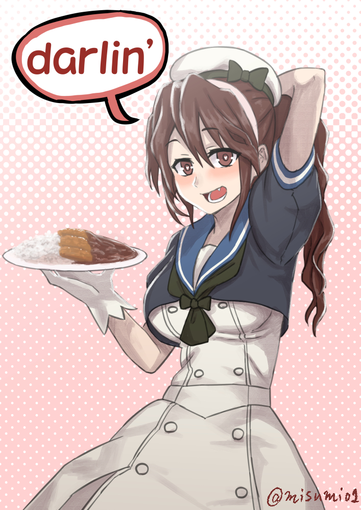 ashigara_(kantai_collection) beret brown_eyes brown_hair commentary cosplay curry curry_rice english fang food hat heart heart-shaped_pupils jervis_(kantai_collection) jervis_(kantai_collection)_(cosplay) kantai_collection long_hair misumi_(niku-kyu) open_mouth ponytail rice smile symbol-shaped_pupils teeth