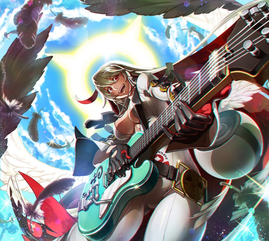 :d ahoge ankh ass_visible_through_thighs bangs belt belt_buckle black_belt black_gloves blonde_hair bodysuit breasts buckle center_opening chromatic_aberration cloud cloudy_sky cowboy_shot day eyebrows eyebrows_visible_through_hair eyelashes feathered_wings feathers from_below gloves guilty_gear guilty_gear_xrd guitar hair_between_eyes halo holding holding_instrument instrument jack-o'_valentine jewelry legs_apart light_particles long_hair long_sleeves loose_belt medium_breasts midriff multicolored_hair music necklace open_mouth playing_instrument red_eyes red_hair sky smile solo sparkle tanagawa_makoto teeth tongue two-tone_hair white_bodysuit white_wings wings