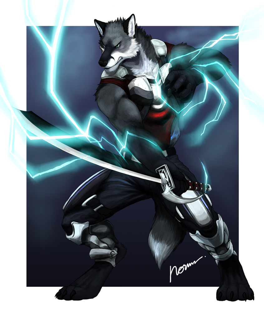 2012 5_fingers anthro armor barefoot biped black_fur black_markings black_nose blue_background border canine clothed clothing digital_media_(artwork) digitigrade dipstick_tail electricity facial_markings fighting_stance folf fox front_view full-length_portrait fur greaves grey_fur grey_tail heterochromia holding_object holding_weapon hybrid kouga_talbain kougatalbain lightning male mammal markings melee_weapon multicolored_fur multicolored_tail normalize outside_border pants portrait signature simple_background snout solo sword two_tone_tail weapon white_border white_fur white_tail wolf