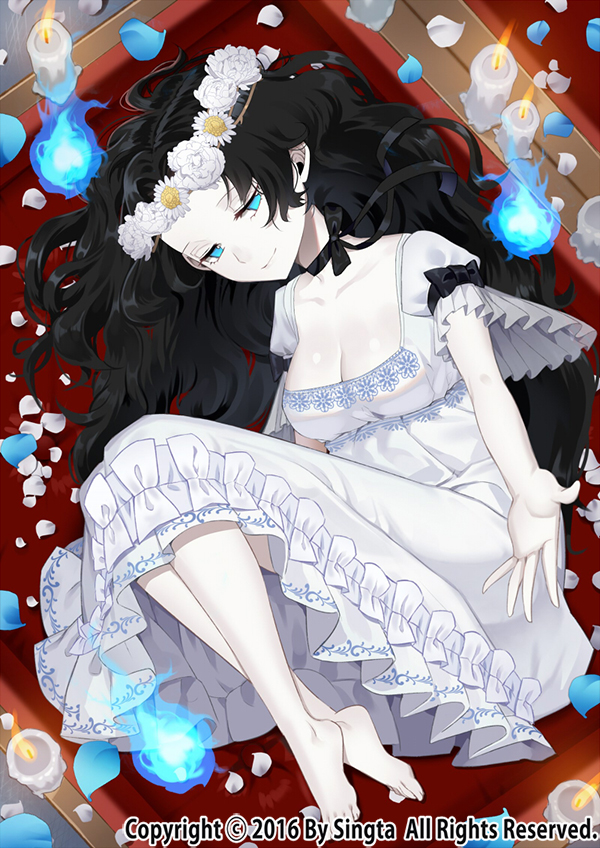 arm_ribbon bad_id bad_pixiv_id barefoot black_hair black_ribbon breasts candle carchet cleavage commentary_request copyright_name dress feet flower forehead hair_flower hair_ornament looking_at_viewer lying medium_breasts neck_ribbon on_side pannochka revision ribbon short_hair sid_story sleeping solo white_dress white_skin
