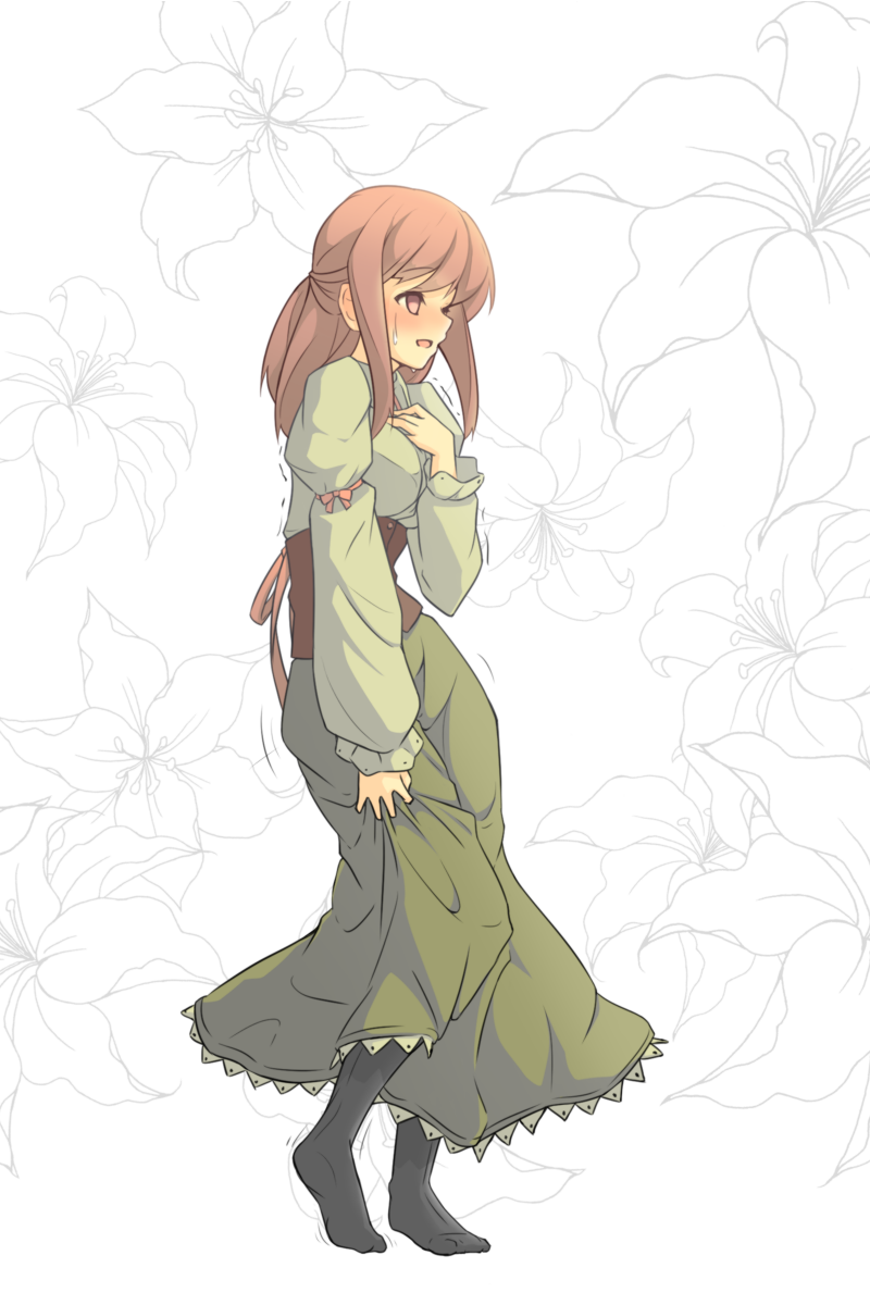 1girl azukilib black_legwear blush breasts brown_eyes brown_hair empty_eyes eyebrows_visible_through_hair female flower from_side full_body green_shirt green_skirt half-closed_eyes hand_on_own_chest hand_up have_to_pee highres long_sleeves matching_hair/eyes medium_breasts open_mouth original sash shirt simple_background skirt smile solo standing sweat trembling white_background