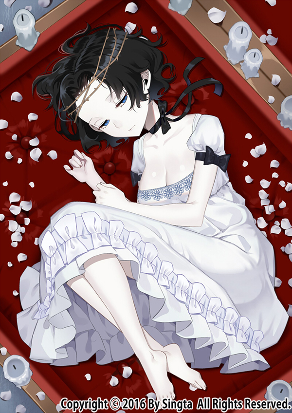 arm_ribbon bad_id bad_pixiv_id barefoot black_hair black_ribbon breasts candle carchet cleavage commentary_request copyright_name dress feet forehead looking_at_viewer lying medium_breasts neck_ribbon on_side pannochka revision ribbon short_hair sid_story sleeping solo white_dress white_skin