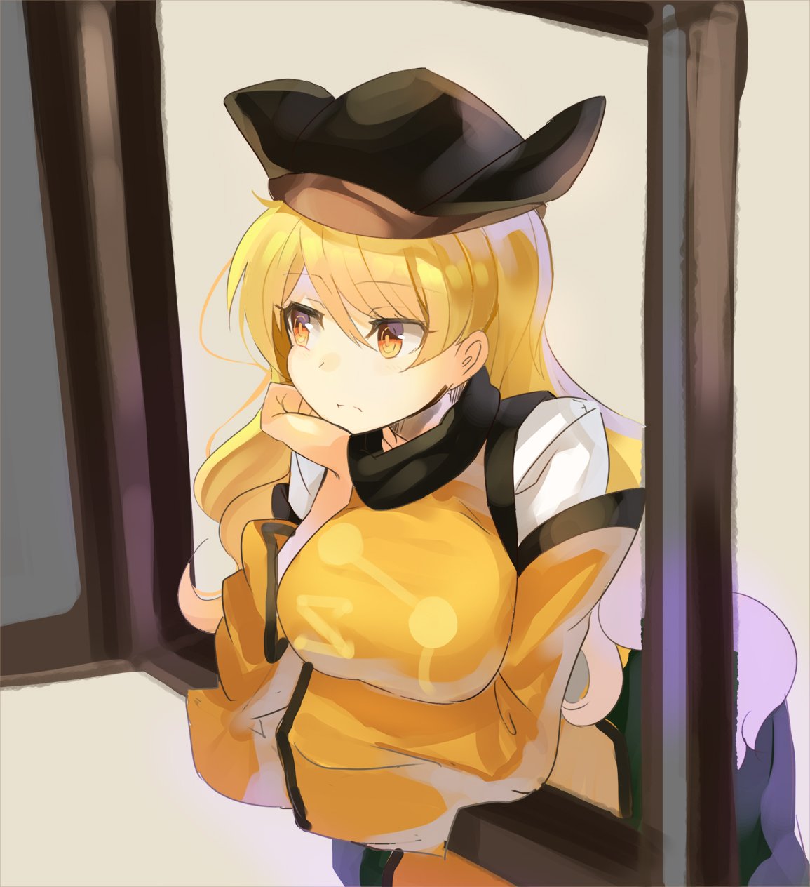 arm_under_breasts blonde_hair breast_hold breasts chin_rest closed_mouth commentary_request detached_sleeves eyebrows_visible_through_hair hat highres large_breasts leaning_forward long_hair looking_away matara_okina rin_falcon simple_background solo tabard tan_background touhou upper_body wavy_hair window yellow_eyes