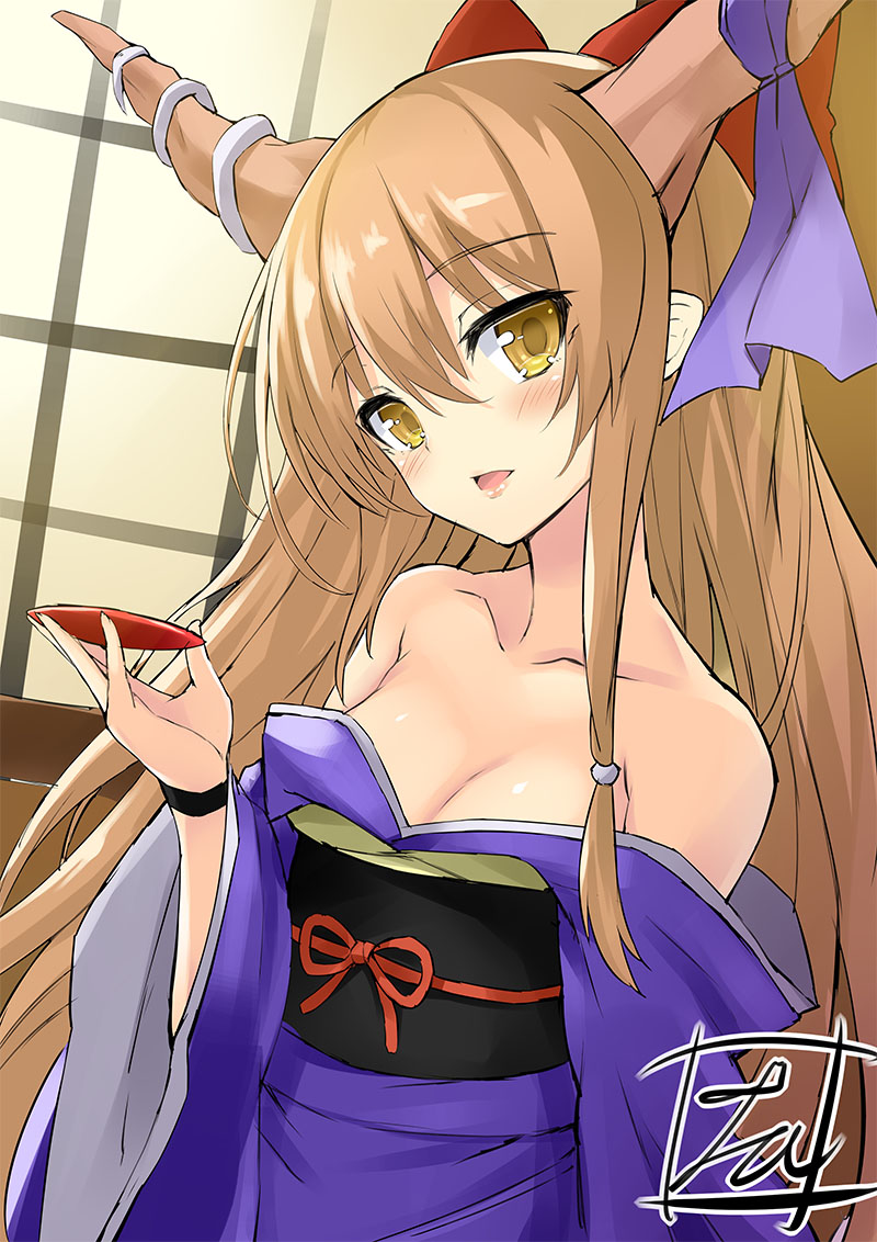 alternate_costume bangs bare_shoulders blush bow breasts brown_hair cleavage collarbone commentary_request cup eyebrows_visible_through_hair hair_between_eyes hair_bow holding horns ibuki_suika japanese_clothes kimono long_hair long_sleeves looking_at_viewer obi off_shoulder open_mouth purple_kimono red_bow sakazuki sash sidelocks signature small_breasts solo tirotata touhou upper_body wide_sleeves yellow_eyes