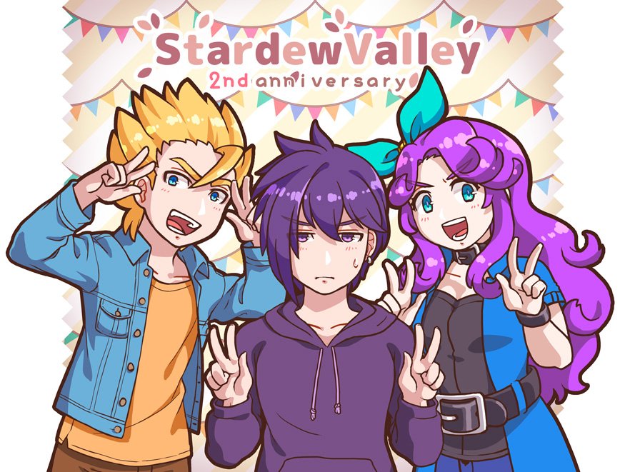 2boys :d abigail_(stardew_valley) anniversary aqua_ribbon bangs belt belt_buckle black_belt black_choker black_shirt blonde_hair blue_coat blue_eyes blue_jacket breast_pocket buckle buttons choker coat collarbone copyright_name double_v earrings eyebrows eyebrows_visible_through_hair frown hair_between_eyes hair_ribbon hood hood_down hoodie jacket jewelry long_sleeves looking_at_viewer multiple_boys open_clothes open_coat open_jacket open_mouth orange_shirt pocket purple_eyes purple_hair purple_hoodie ribbon sam_(stardew_valley) sebastian_(stardew_valley) shirt short_sleeves smile stardew_valley sweatdrop tanagawa_makoto teeth text_focus tongue v v-shaped_eyebrows wavy_hair wristband