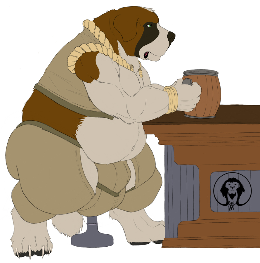 bar barustool beer_stein belly biceps big_bulge big_muscles big_pecs bracelet bulge canine claws cup digitigrade dog frown hyper jewelry male mammal musclegut muscular muscular_arms pawpads paws pecs saint_bernard sitting solo triceps xatanlion