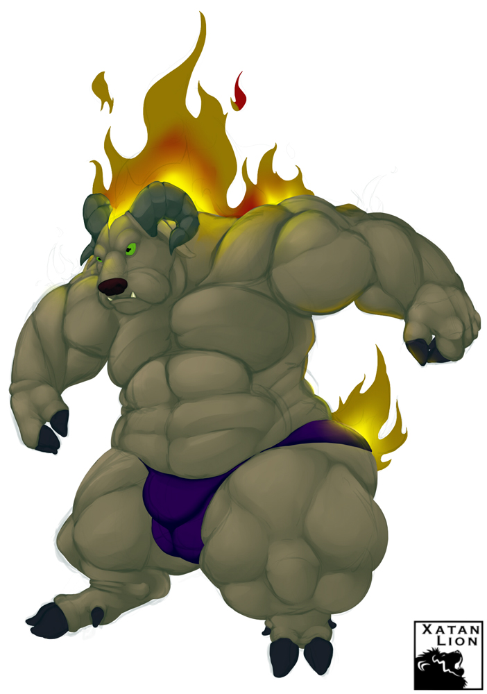 big_abs big_muscles big_pecs bulge bulldog canine caprine cloven_hooves demon dog fire green_sclera hooves horn hybrid male mammal muscular muscular_arms muscular_legs muscular_male pecs teeth thick_neck thick_thighs xatanlion