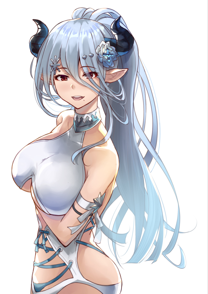 arm_under_breasts armband bare_shoulders blue_hair blush breast_hold breasts collarbone commentary_request cross-laced_clothes draph eyebrows_visible_through_hair flower granblue_fantasy hair_between_eyes hair_flower hair_ornament halterneck hips horns izmir large_breasts long_hair looking_at_viewer mole mole_under_mouth nishitaka pointy_ears ponytail red_eyes simple_background smile solo swimsuit underboob_cutout white_background white_swimsuit