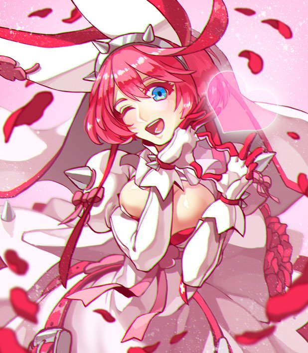 ;d bangs belt belt_buckle blue_eyes blurry bouquet bow bra bra_peek breasts bridal_veil buckle chromatic_aberration cleavage cleavage_cutout clover depth_of_field dress elphelt_valentine eyebrows eyebrows_visible_through_hair eyelashes flower four-leaf_clover gloves grey_hairband guilty_gear guilty_gear_xrd hair_between_eyes hairband heart heart_hands large_breasts long_sleeves looking_at_viewer loose_belt one_eye_closed open_mouth pink_belt pink_bow pink_flower pink_hair pink_rose puffy_long_sleeves puffy_sleeves red_bra rose short_hair smile solo spikes tanagawa_makoto teeth tongue turtleneck underwear veil wedding_dress white_dress white_gloves
