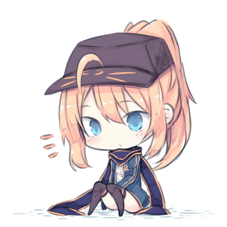 artoria_pendragon_(all) bangs beni_shake black_hat black_legwear blonde_hair blue_eyes blue_jacket blue_scarf blush chibi closed_mouth commentary_request eyebrows_visible_through_hair fate/extella fate/extra fate/grand_order fate_(series) flat_cap full_body hair_between_eyes hair_through_headwear hat high_ponytail jacket long_hair long_sleeves looking_at_viewer lowres mysterious_heroine_x open_clothes open_jacket ponytail rojiura_satsuki:_chapter_heroine_sanctuary scarf shirt sitting solo track_jacket white_background white_shirt