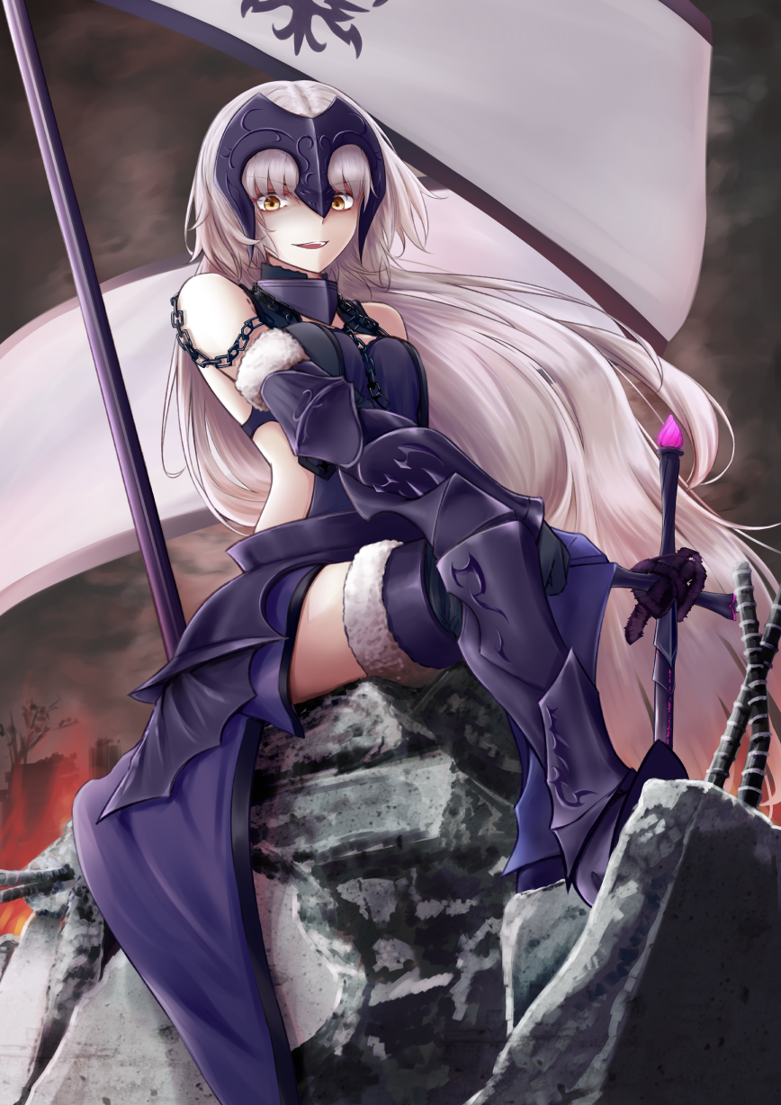 ahoge armor armored_dress black_dress black_gloves breasts chain dress eyebrows_visible_through_hair fate/grand_order fate_(series) flag fur_trim gauntlets gloves graphite_(medium) gurifu headpiece highres jeanne_d'arc_(alter)_(fate) jeanne_d'arc_(fate) jeanne_d'arc_(fate)_(all) large_breasts long_hair looking_at_viewer shaded_face silver_hair solo sword traditional_media very_long_hair watercolor_(medium) weapon yellow_eyes