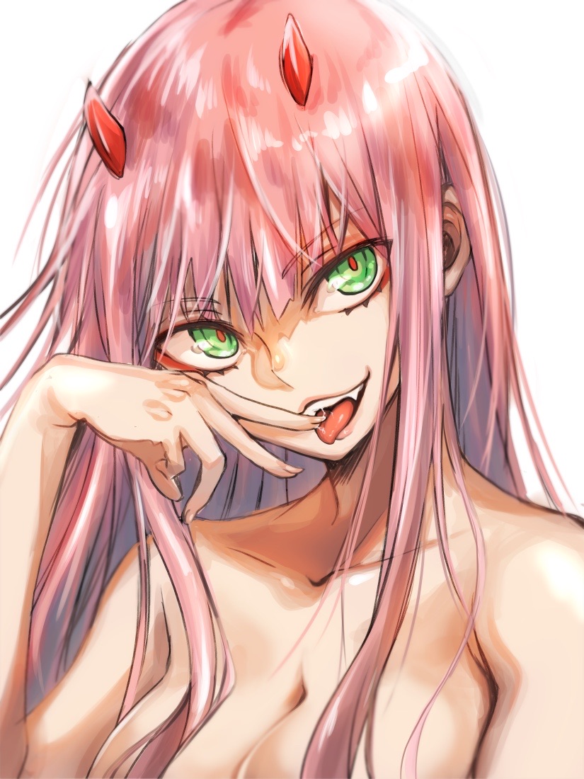 1girl breasts collarbone darling_in_the_franxx eyebrows_visible_through_hair fang green_eyes herozu_(xxhrd) horns long_hair looking_at_viewer medium_breasts nude open_mouth pink_hair red_horns red_pupils simple_background smile solo teeth tongue tongue_out upper_body white_background zero_two_(darling_in_the_franxx)