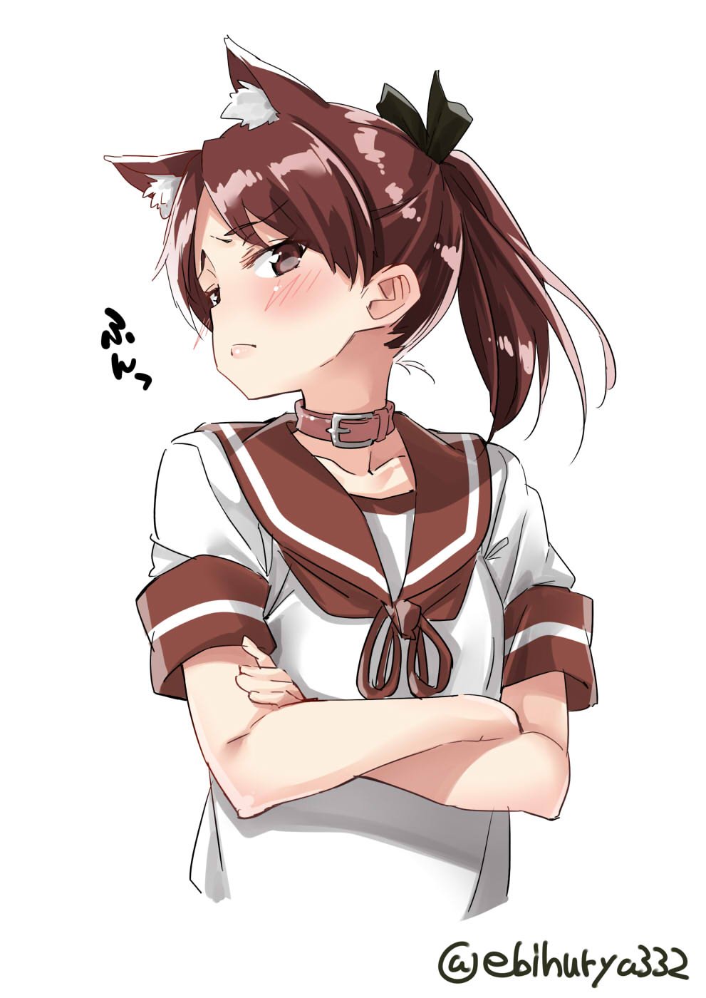 animal_ears brown_eyes brown_hair brown_sailor_collar cat_ears collar commentary crossed_arms ebifurya hair_ribbon highres kantai_collection ponytail ribbon sailor_collar school_uniform serafuku shikinami_(kantai_collection) short_ponytail simple_background solo twitter_username upper_body white_background