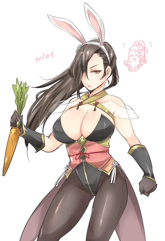 alternate_costume animal_ears black_hair breasts bunny_ears carrot cleavage coattails fake_animal_ears fire_emblem fire_emblem_heroes fire_emblem_if gloves hair_over_one_eye kagerou_(fire_emblem_if) large_breasts leotard long_hair orochi_(fire_emblem_if) pantyhose shougayaki_(kabayaki_3) simple_background solo white_background