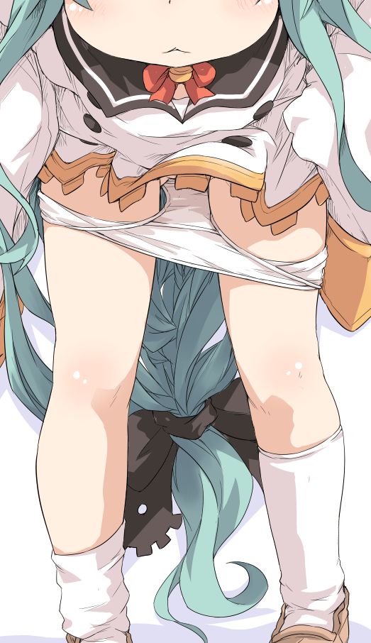 :&lt; akashi_(azur_lane) ass_visible_through_thighs azur_lane bell black_bow black_sailor_collar bow braid brown_footwear commentary_request dress green_hair hair_bow ham_(points) jingle_bell kneehighs leaning_forward loafers long_hair long_sleeves panties panty_pull pulled_by_self red_bow sailor_collar sailor_dress shoes sleeves_past_fingers sleeves_past_wrists solo underwear very_long_hair white_background white_dress white_legwear white_panties