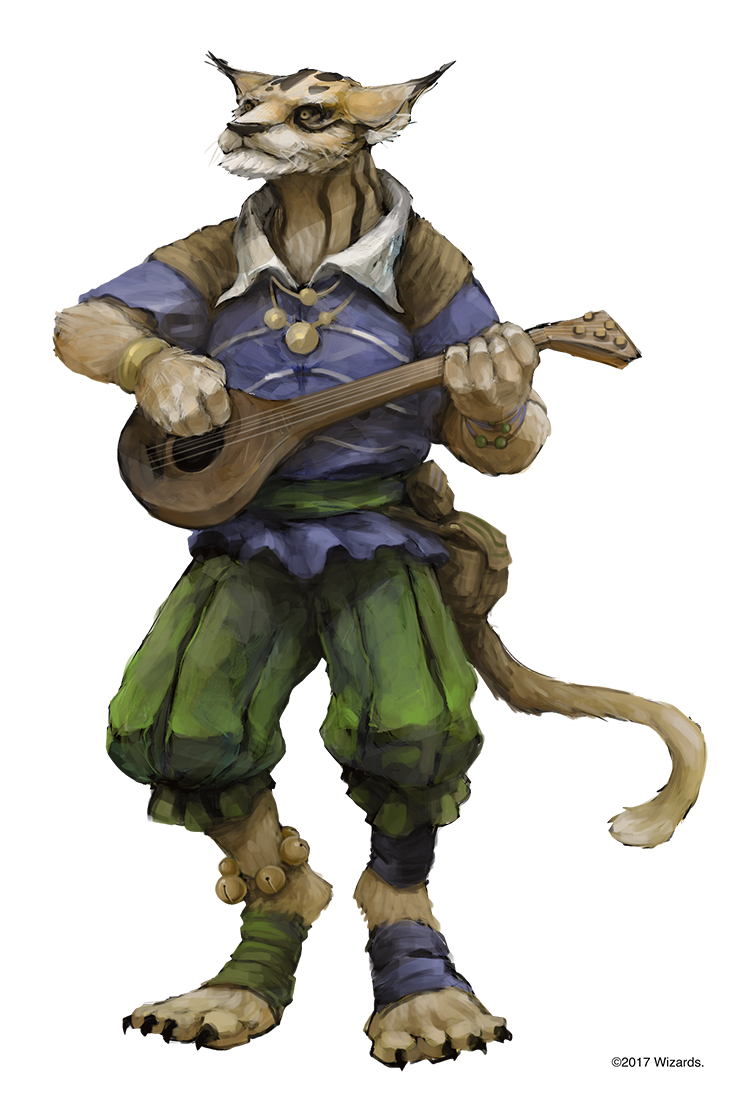 anklet anthro belt bracelet claws clothed clothing dungeons_&amp;_dragons feline foot_wraps holding_object jewelry lute mammal musical_instrument necklace official_art pouch shawn_wood shirt shorts simple_background solo tabaxi toe_claws whiskers white_background wraps yellow_eyes