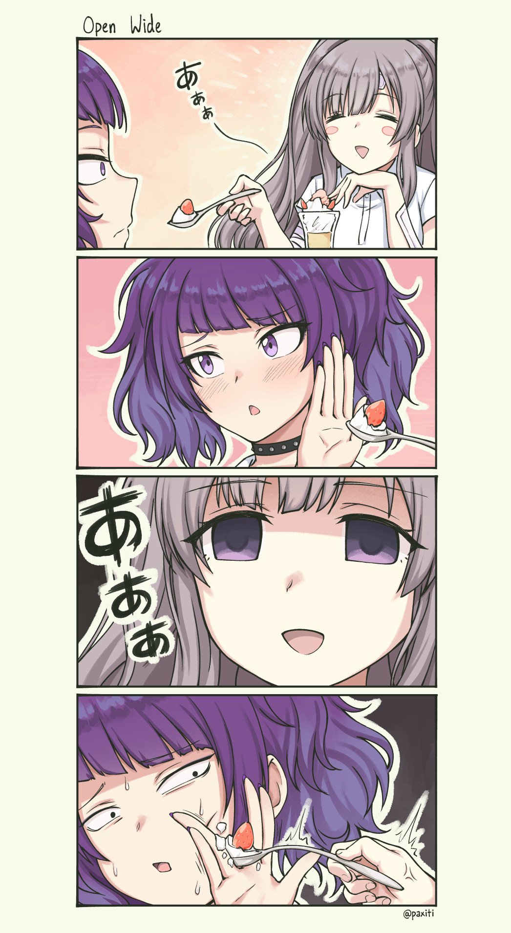 4koma :d anger_vein bandaged_arm bandages bandaid bandaid_on_face bandaid_on_forehead bangs between_fingers black_choker blunt_bangs blush blush_stickers cheek_poking choker close-up closed_eyes closed_mouth comic commentary dessert diagonal_bangs empty_eyes eyebrows_visible_through_hair feeding fingernails food force_feeding fruit glass grey_hair hand_on_own_chin hand_up highres holding holding_spoon idolmaster idolmaster_shiny_colors long_hair looking_at_another multiple_girls nail_polish open_mouth outline outstretched_hand parted_bangs pas_(paxiti) poking purple_eyes purple_hair purple_nails shaded_face shiny shiny_hair shirt short_hair short_sleeves sidelocks smile spoon strawberry studded_choker sweat sweating_profusely tanaka_mamimi tareme trembling tsurime twintails whipped_cream white_outline white_shirt yandere yuukoku_kiriko