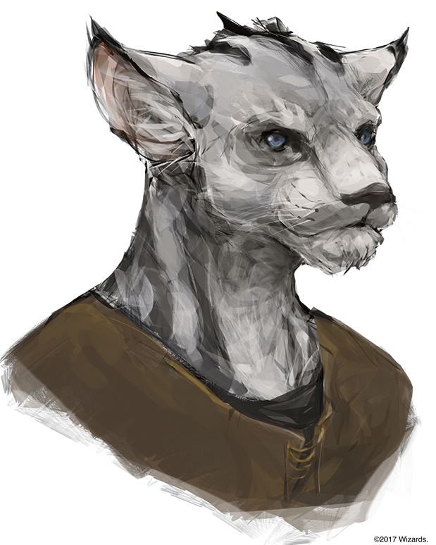 anthro blue_eyes bust_portrait clothed clothing dungeons_&amp;_dragons feline flask_of_wine_(d&amp;d) fur grey_fur mammal official_art portrait shawn_wood shirt solo tabaxi whiskers