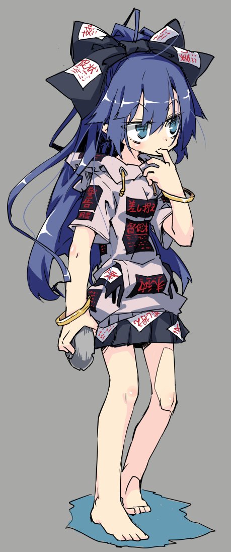 barefoot blue_eyes blue_hair bow bowl bracelet commentary_request eyebrows_visible_through_hair finger_in_mouth full_body hair_between_eyes hair_bow hood hoodie jewelry long_hair noya_makoto short_sleeves simple_background skirt solo stuffed_animal stuffed_toy touhou yorigami_shion